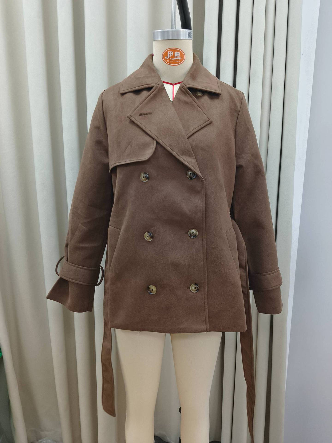 Damen Langer Doppelreihiger Trenchcoat aus Veloursleder-Optik mit Taillengürtel Shop Nory