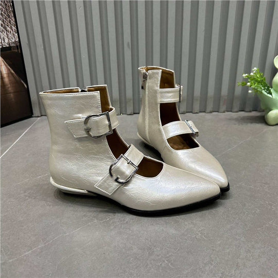 Damen Spitz zulaufende Ankle-Boots mit Doppelriemen, Schnallen und niedrigem Blockabsatz Shop Nory