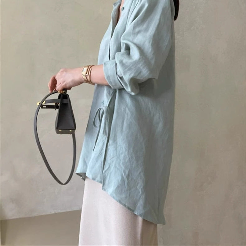 Damen Locker geschnittene Leinen‑Hemdbluse mit Stehkragen, Tunnelzug‑Taille und durchgehender Knopfleiste Shop Nory
