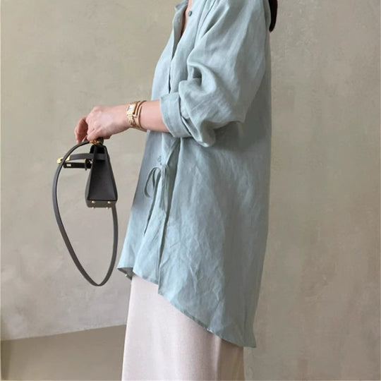 Damen Locker geschnittene Leinen‑Hemdbluse mit Stehkragen, Tunnelzug‑Taille und durchgehender Knopfleiste Shop Nory