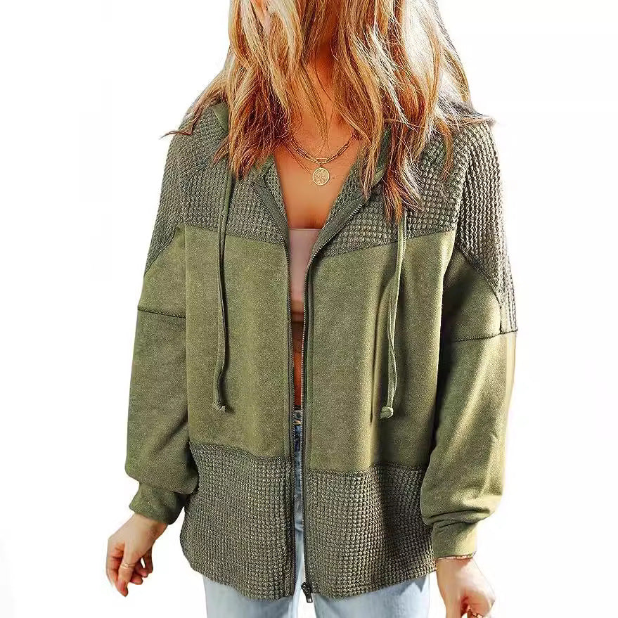 Damen Lässige Oversize-Kapuzenjacke mit Strukturstrick-Einsätzen und Reißverschluss Shop Nory