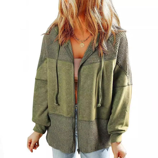 Damen Lässige Oversize-Kapuzenjacke mit Strukturstrick-Einsätzen und Reißverschluss Shop Nory