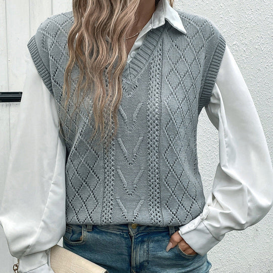 Damen Gestrickte V-Ausschnitt Strickweste mit Ajour- und Rautenmuster Shop Nory