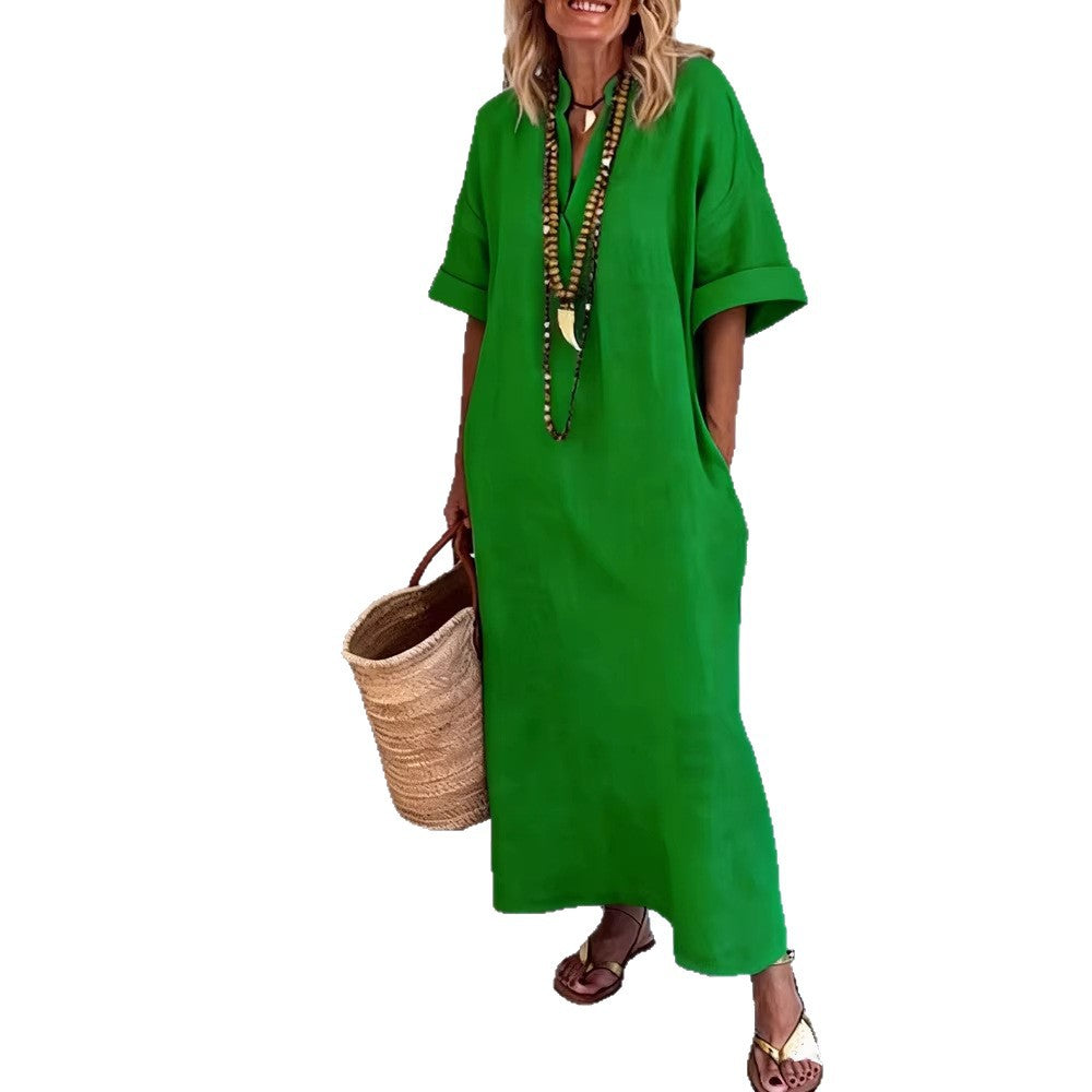 Damen Leinen Maxikleid mit V-Ausschnitt und praktischen Taschen