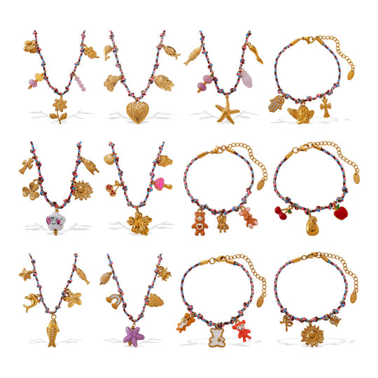 Verstellbare Kordel-Halskette mit Naturstein-Charms und Filigranen Blumenanhängern