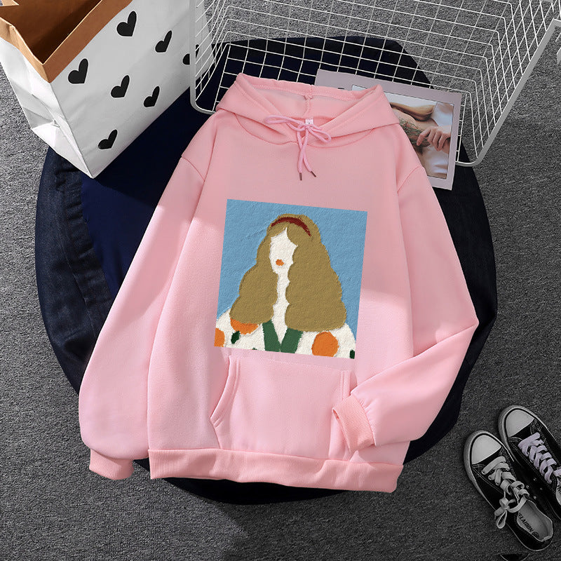 Damen nan Kapuzenpullover mit kunstvoller Chenille-Stickerei im Portraitstil und Kängurutasche Shop Nory