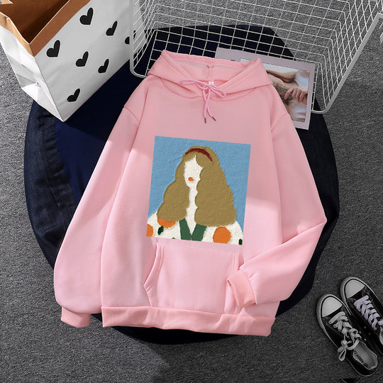 Damen nan Kapuzenpullover mit kunstvoller Chenille-Stickerei im Portraitstil und Kängurutasche Shop Nory