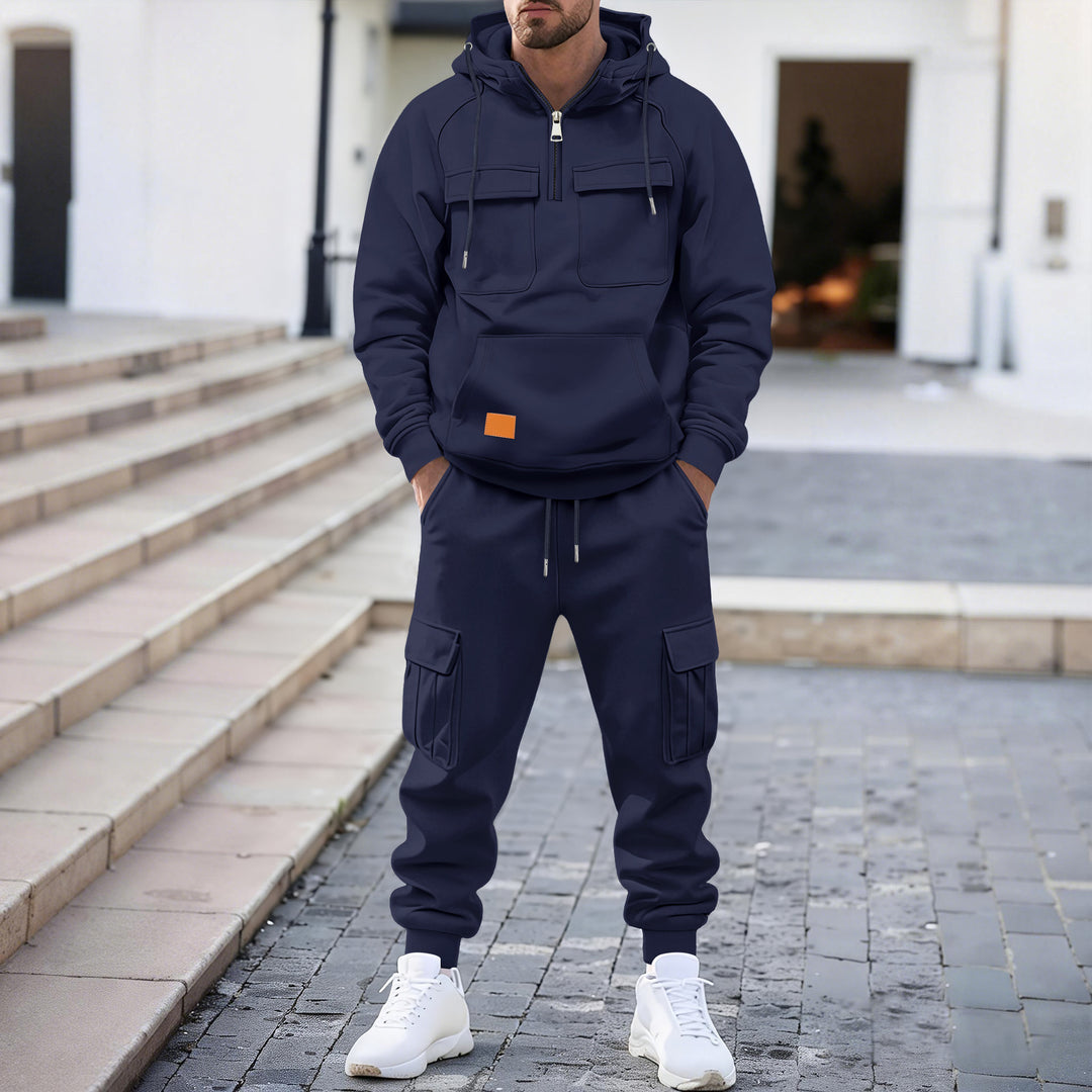 Herren technischer Oversize-Hoodie mit Halbzip, Kapuze, Kängurutasche und aufgesetzten Utility-Taschen Shop Nory