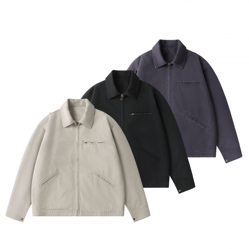Unisex Kastenförmige Kurzjacke im Worker-Blouson-Stil mit Hemdkragen und verdecktem Reißverschluss Shop Nory