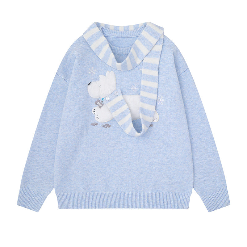 Damen Kuscheliger Strickpullover mit Eisbär-Applikation und eingearbeitetem Streifenschal Shop Nory