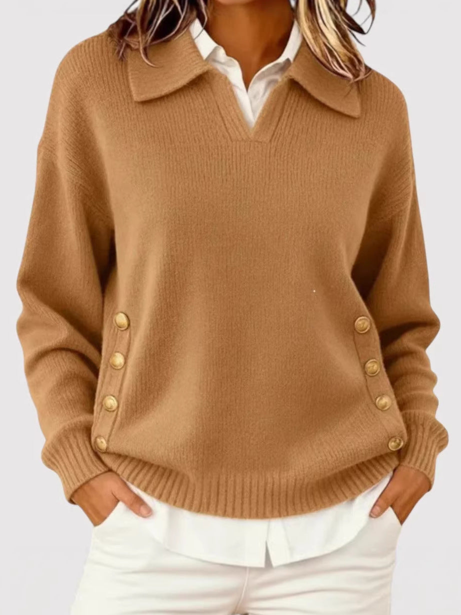 Damen Modischer Strickpullover mit Kragen und Knopfdetails