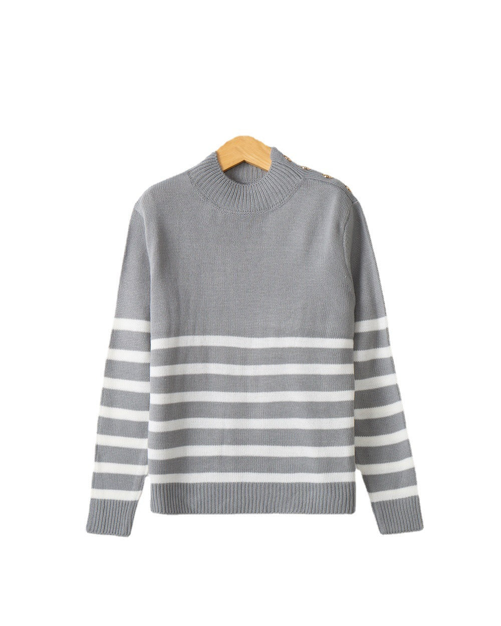 Damen Gestreifter Rollkragenpullover mit dekorativen Schulterknöpfen und Rippbündchen Shop Nory