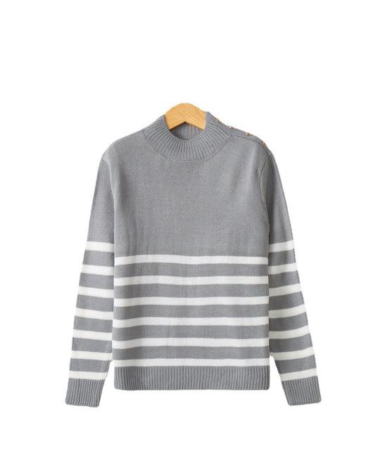 Damen Gestreifter Rollkragenpullover mit dekorativen Schulterknöpfen und Rippbündchen Shop Nory