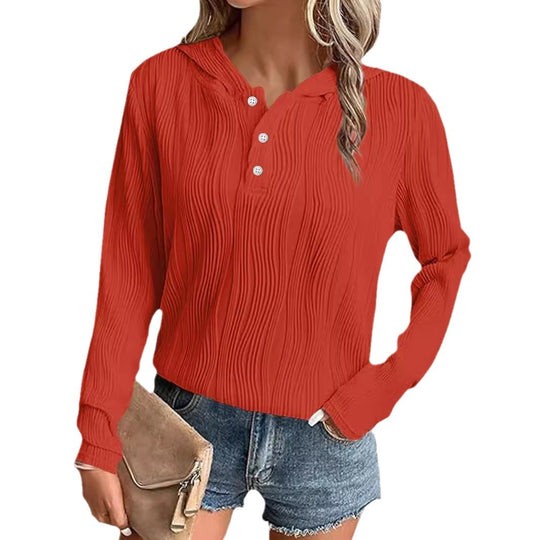 Damen Geripptes Kapuzen-Henleyshirt mit Knopfleiste und leichter Struktur Shop Nory