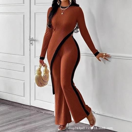 Damen nan eleganter Rippen-Jumpsuit mit asymmetrischer Wickeloptik, taillierendem Cut-Out und kontrastierenden Seitenstreifen Shop Nory