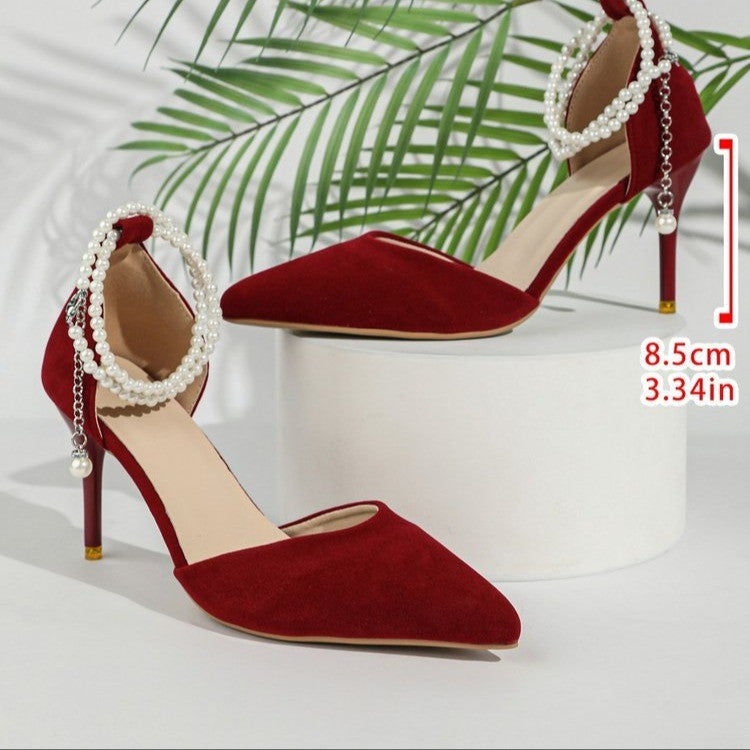 Damen Elegante spitz zulaufende Pumps mit Perlen-Knöchelriemen und schmalem Stiletto Shop Nory