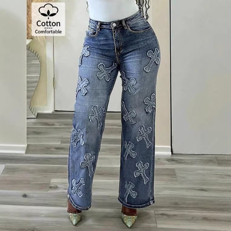 Damen Hochtaillierte gerade geschnittene Jeanshose mit Kreuzapplikationen aus Baumwoll-Jeansstoff Shop Nory