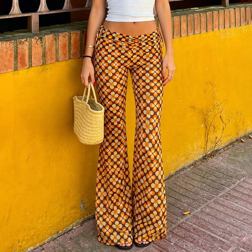 Damen nan ausgestellte Schlaghose mit hoher Taille, seitlichen Kordelzügen und retro Blumenprint Shop Nory