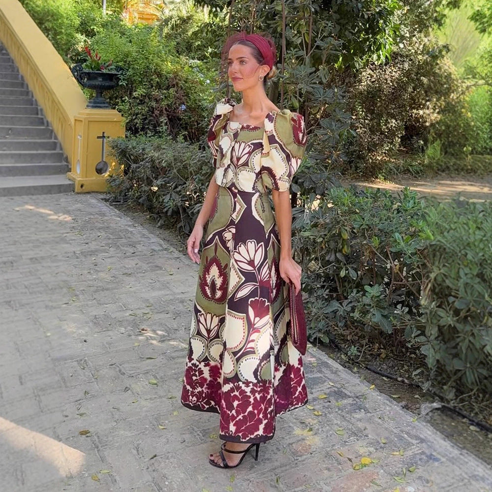 Damen Maxikleid-Set mit Puffärmeln, tailliertem Midriff und floral-geometrischem Print Shop Nory