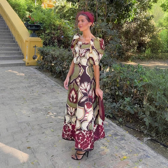 Damen Maxikleid-Set mit Puffärmeln, tailliertem Midriff und floral-geometrischem Print Shop Nory