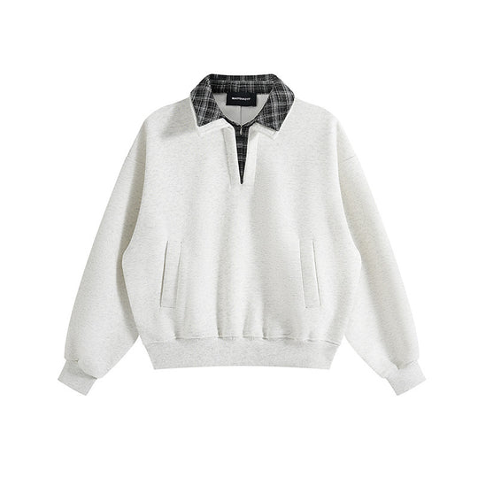 Unisex Oversize-Sweatshirt mit eingesetztem Karo-Hemdkragen und halbem Reißverschluss Shop Nory