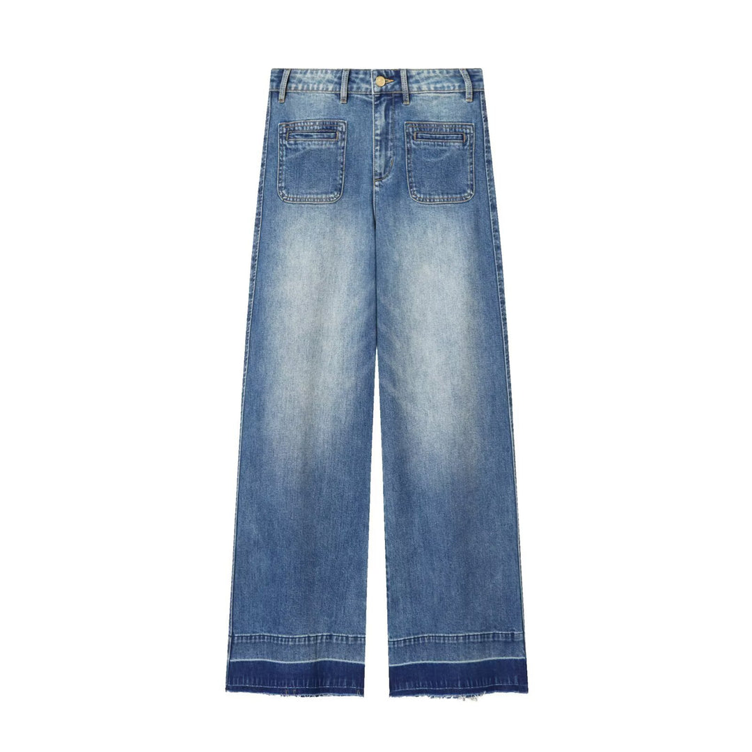 Damen Weite High‑Waist Cropped Denim-Jeans mit aufgesetzten Taschen und rohem Saum Shop Nory