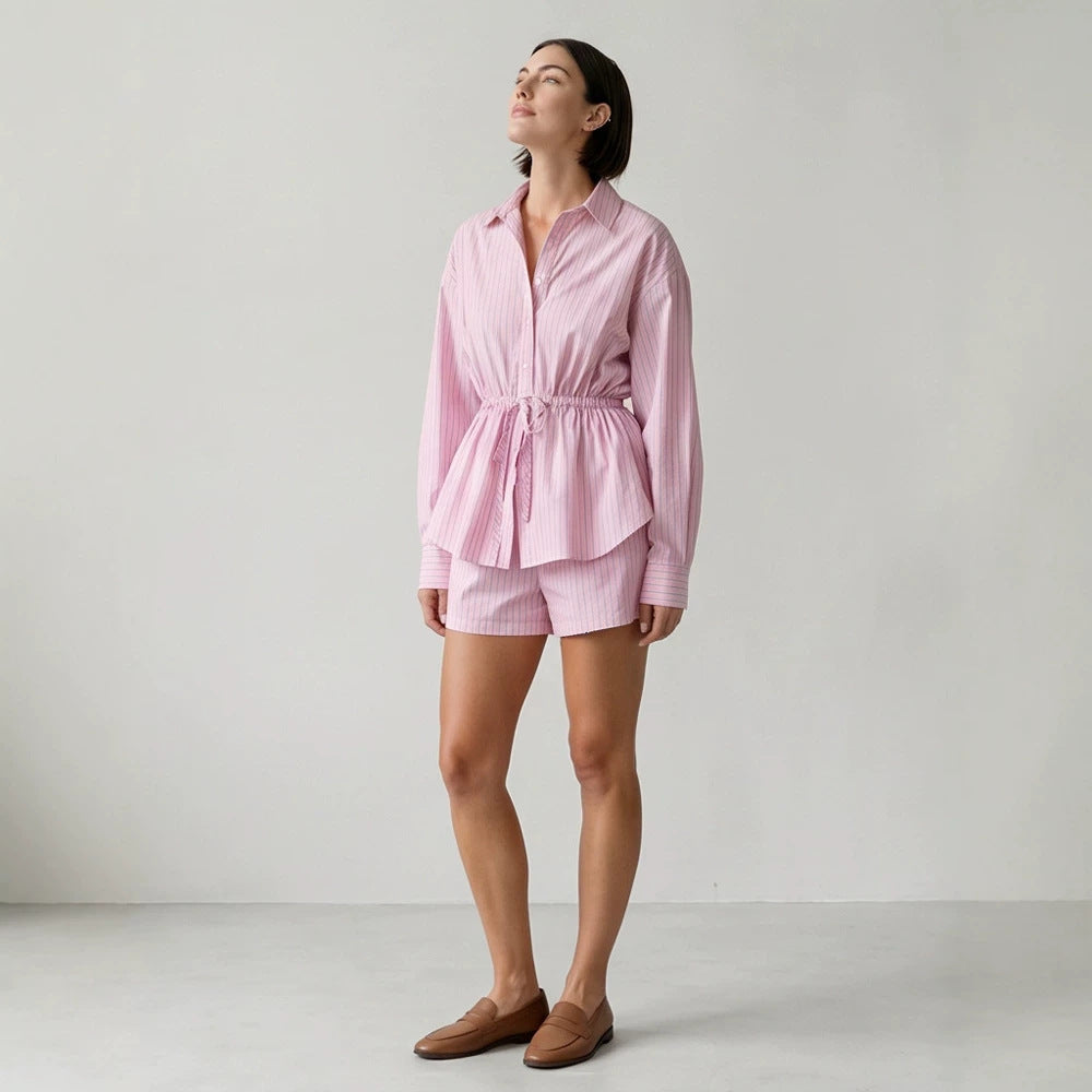 Damen Gestreiftes Loungewear-Set aus Leichtbaumwolle mit Kordel-Taille & Shorts Shop Nory