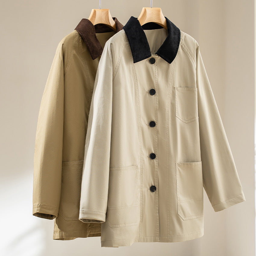 Damen Oversized Baumwoll-Utility-Jacke mit Kontrastkragen und aufgesetzten Taschen Shop Nory