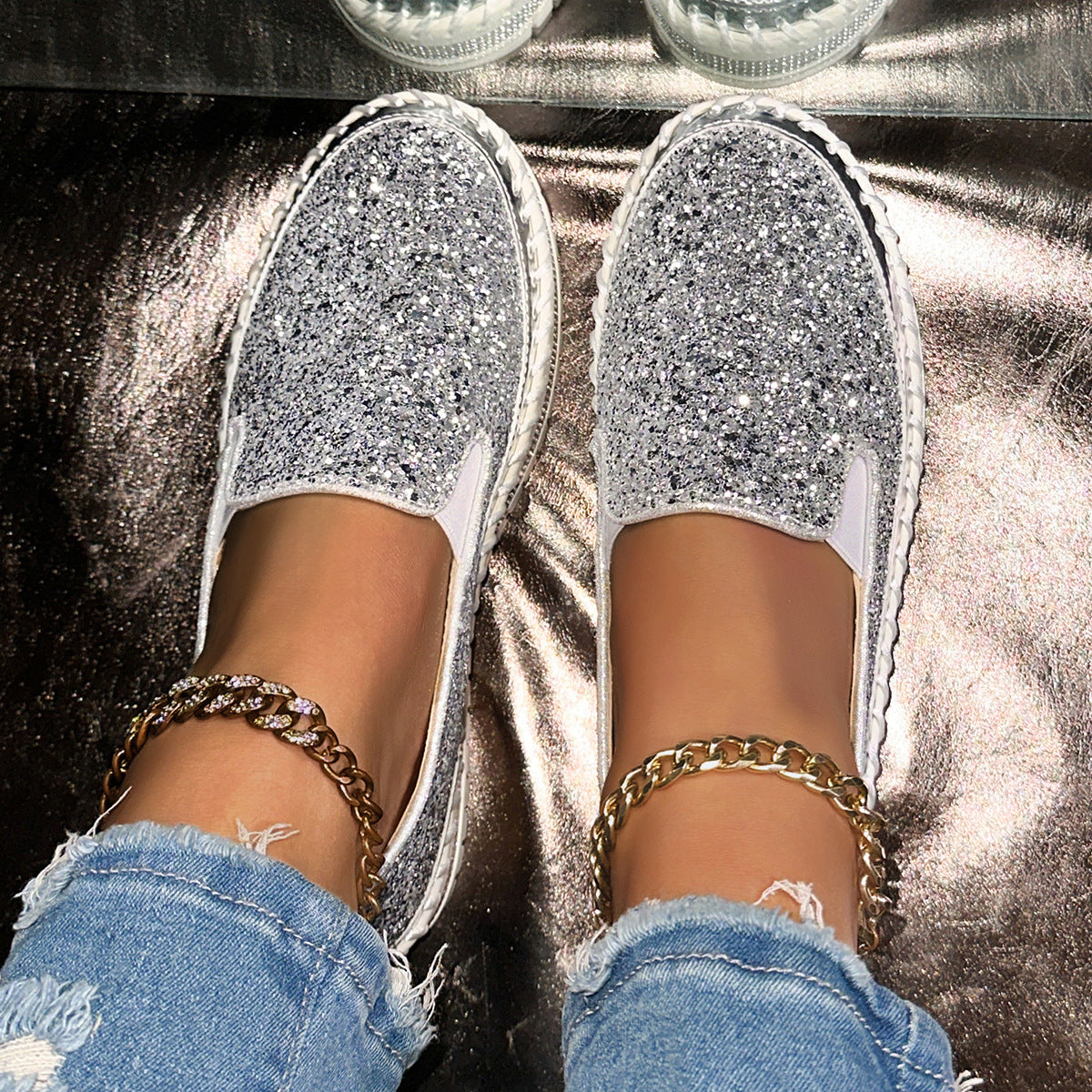 Damen Glitzernde Slip-On Sneakers Shopnory