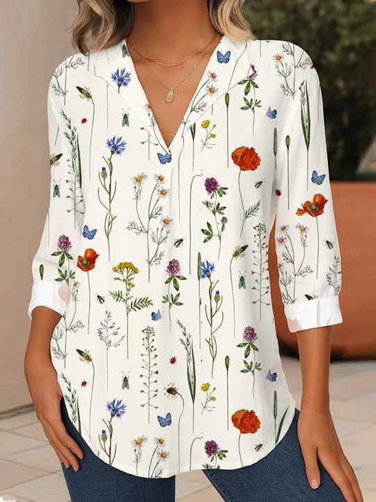 Damen Florale V-Ausschnitt Tunika-Bluse mit dreiviertel-Ärmeln und abgerundetem Saum Shop Nory
