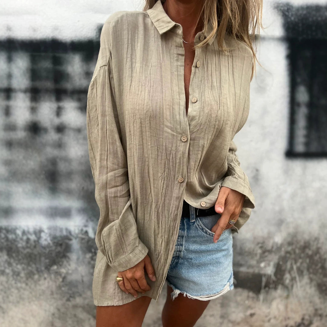 Damen nan lässige Oversize-Tunikahemd mit Leinenstruktur, Holzknopfleiste und verlängertem Saum Shop Nory