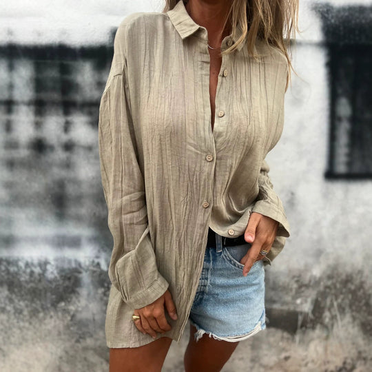 Damen nan lässige Oversize-Tunikahemd mit Leinenstruktur, Holzknopfleiste und verlängertem Saum Shop Nory