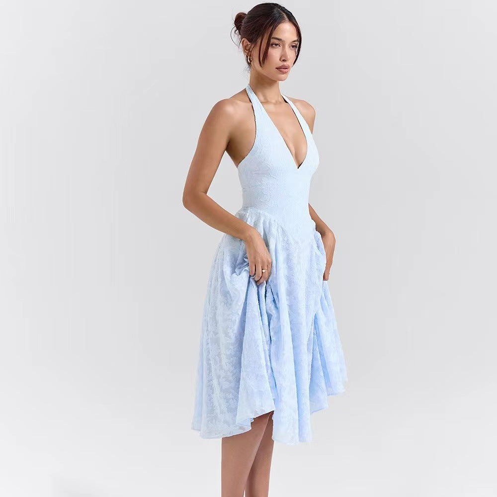 Damen Elegantes Midikleid mit tiefem V-Ausschnitt und schwingendem Rock