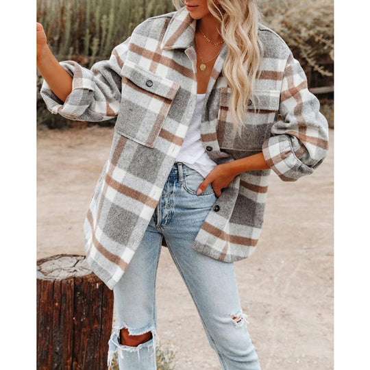 Damen Oversize-Karo-Hemdjacke mit Brusttaschen und weichem Flanell Shop Nory