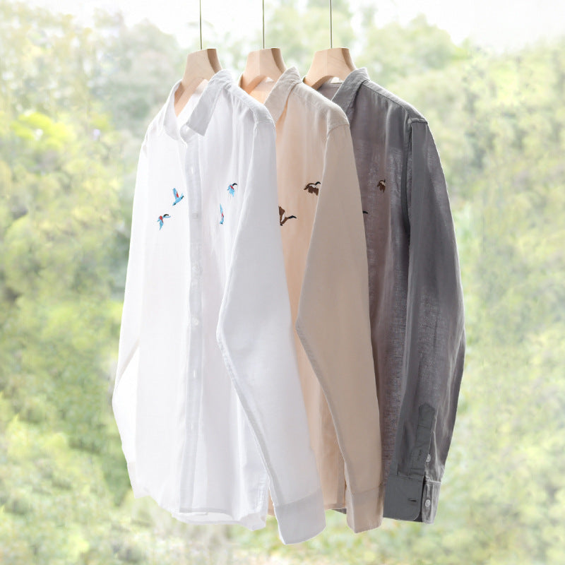 Herren Leichtes Leinenhemd mit feiner Vogelstickerei und Relaxed Fit Shop Nory