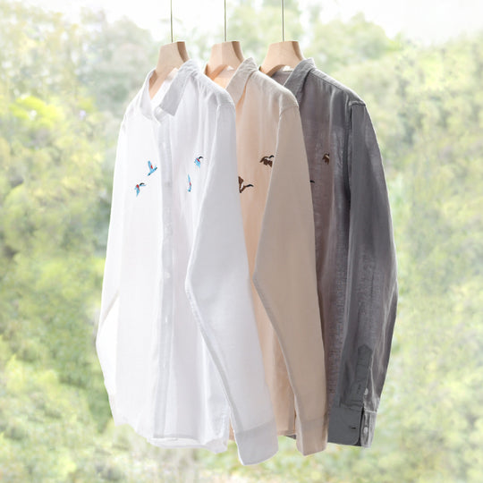 Herren Leichtes Leinenhemd mit feiner Vogelstickerei und Relaxed Fit Shop Nory