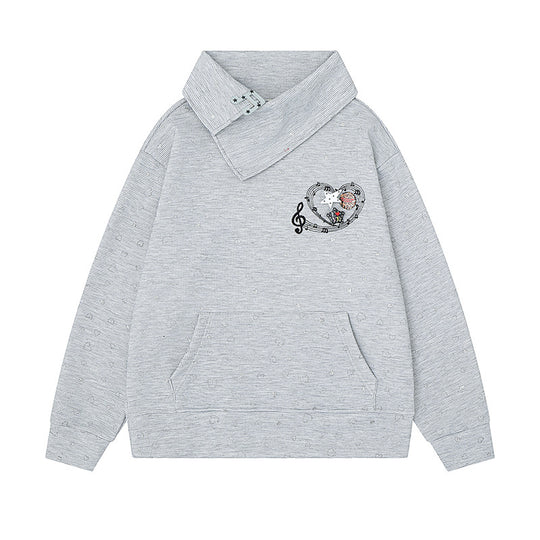 Damen Oversize-Sweatshirt mit asymmetrischem Stehkragen, Kängurutasche und musikalischer Herz-Stickerei Shop Nory