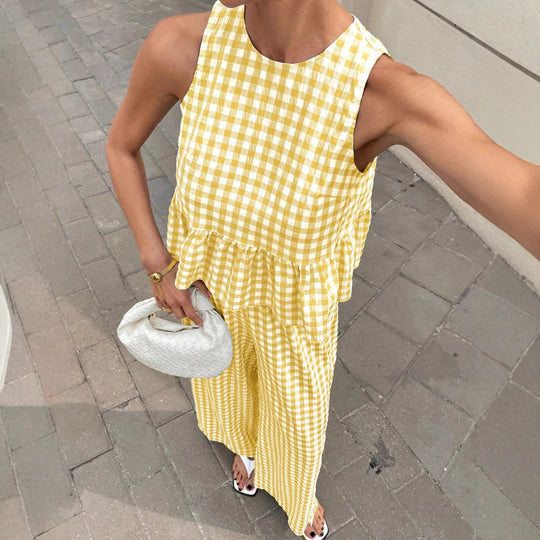 Damen Zweiteiliges Vichy-Karo-Set mit tailliertem Volanttop und weiter Palazzo-Hose Shop Nory