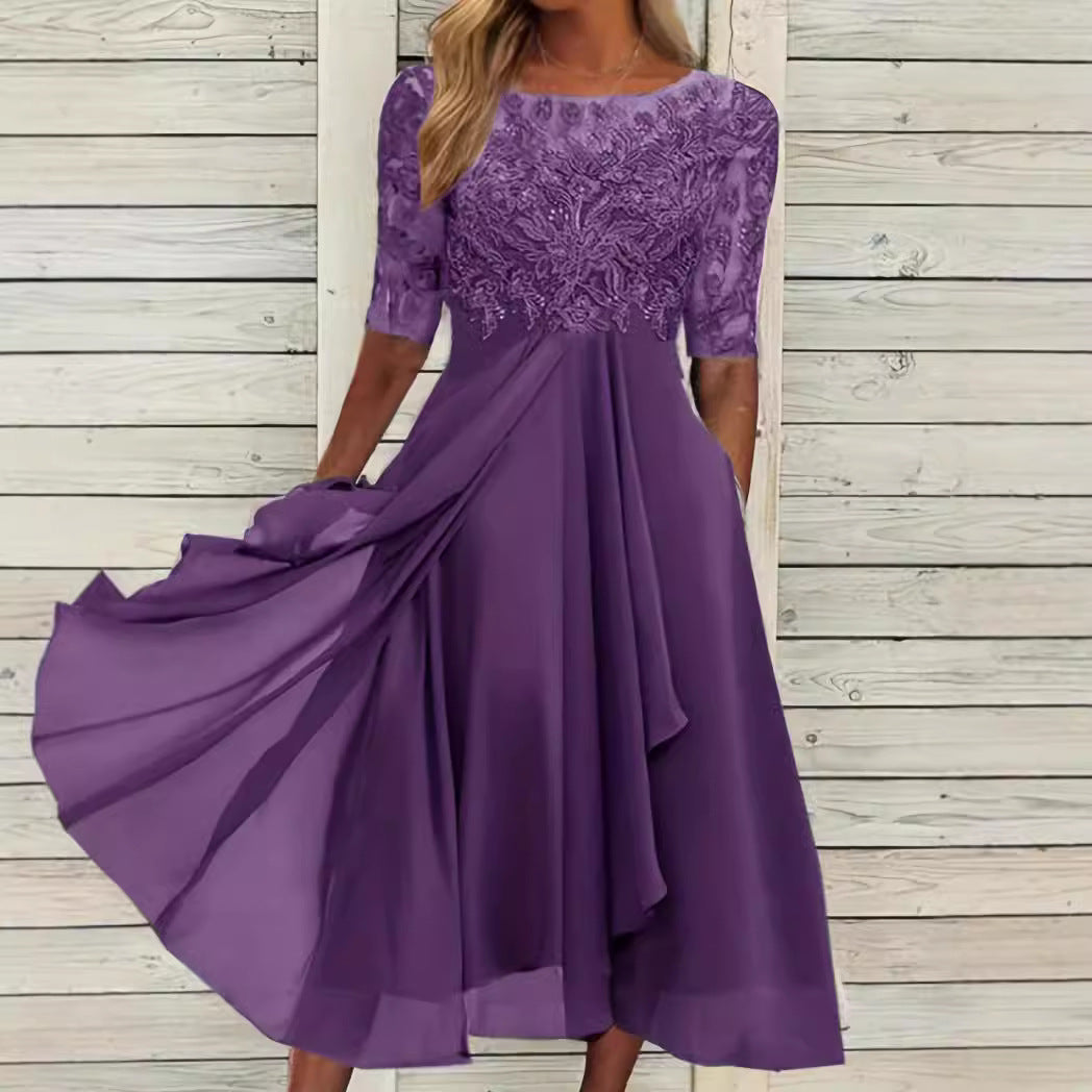 Damen nan elegantes Cocktailkleid mit bestickter Korsage, U-Boot-Ausschnitt und fließendem Chiffonrock