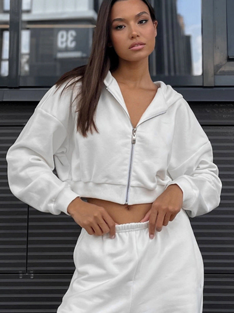 Damen Cropped-Zipper-Kapuzenjacke mit taillenhohen Fransen-Shorts Lounge-Set Shop Nory