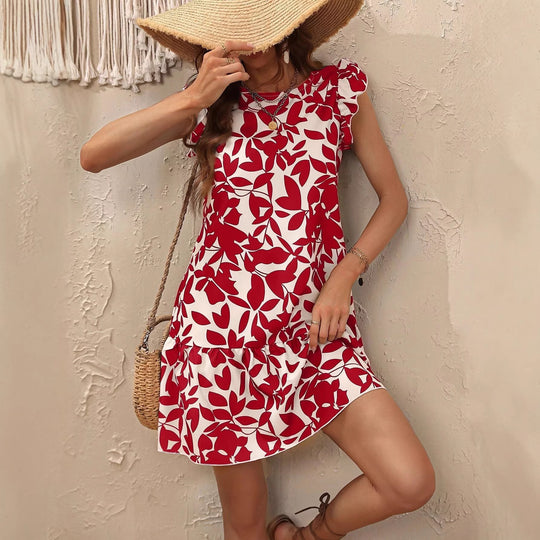 Damen Leichtes Stufen‑Kurzkleid mit Rüschenärmeln und botanischem Print Shop Nory