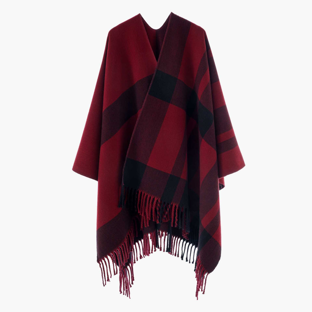 Damen Großkaro-Capeponcho aus Wollmix mit Fransen und offenem Kragen Shop Nory