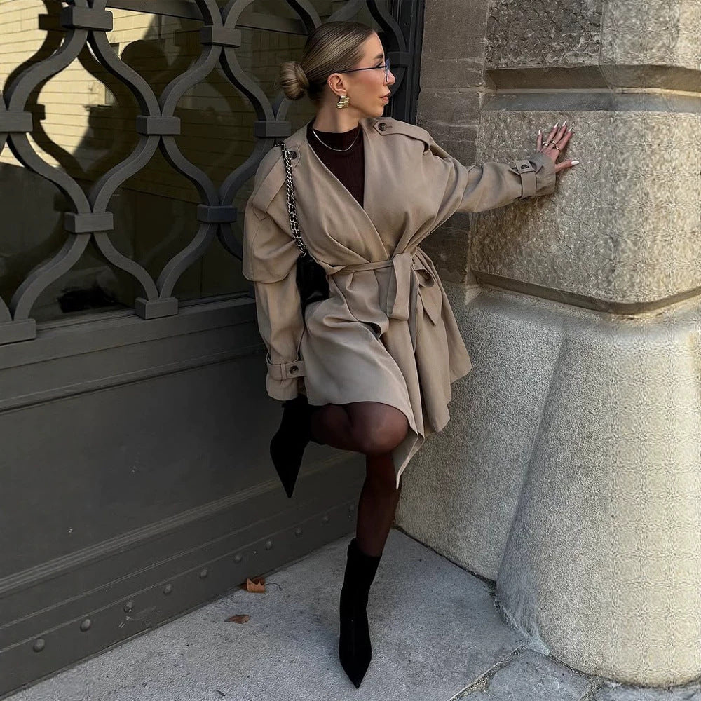Damen Kurzer Asymmetrischer Wickelmantel mit Volant-Overlay und Bindegürtel Shop Nory