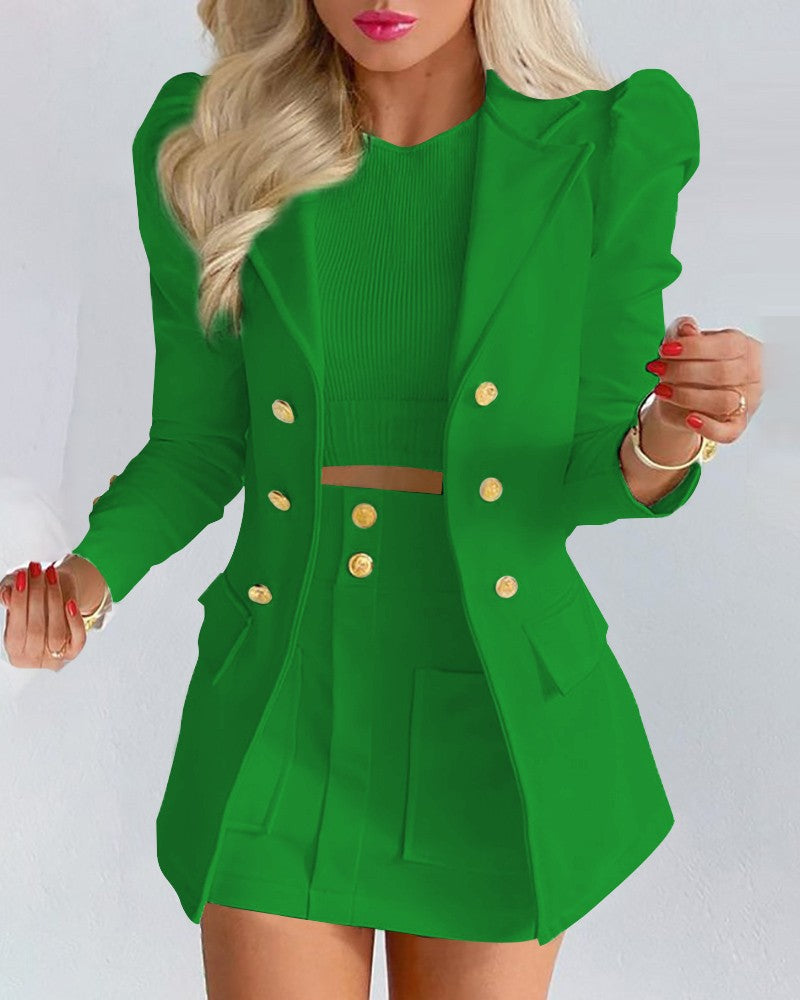 Damen Zweiteiliges karriertes Blazer- und Minirock-Set mit betonten Puffärmeln und goldenen Knöpfen Shop Nory