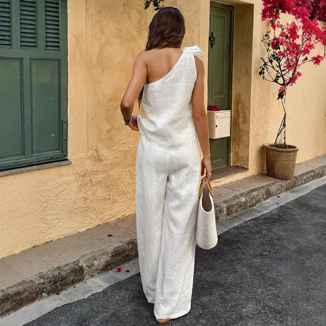 Damen Einschultriger Leinen-Jumpsuit mit Zier-Rosette und weitem Bein Shop Nory