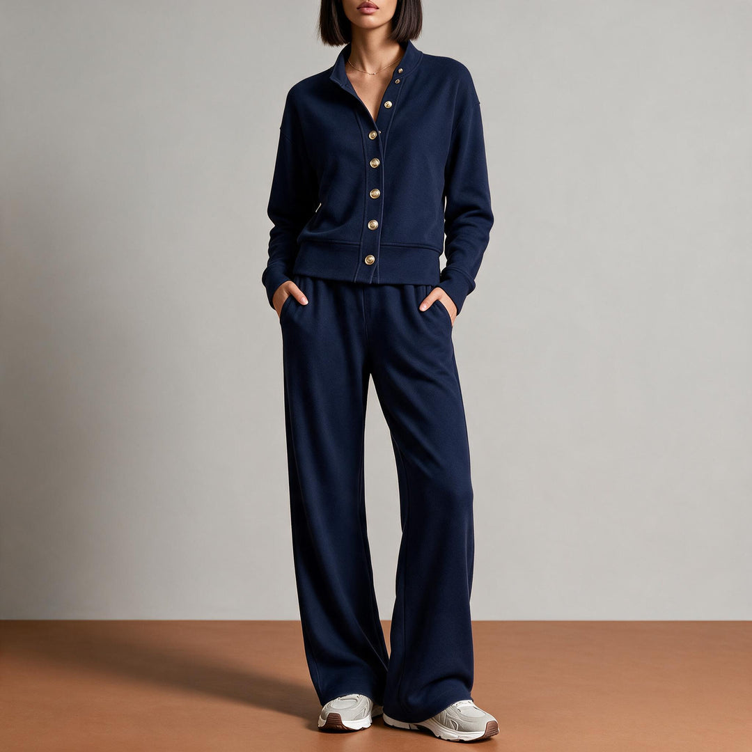 Damen Sweatjacke mit Druckknopfleiste, Stehkragen und weichem Lounge-Schnitt Shop Nory