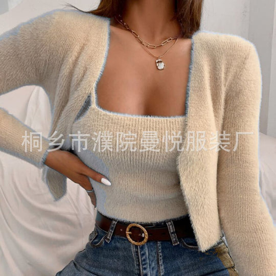 Damen Zweiteiler Cropped Spaghettiträger-Top mit Kurzcardigan aus weichem Feinstrick Shop Nory