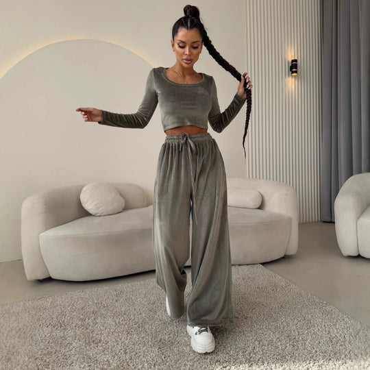 Damen Samt-Loungewear-Set mit Cropped-Langarmshirt und hoher Taillen-Palazzohose Shop Nory