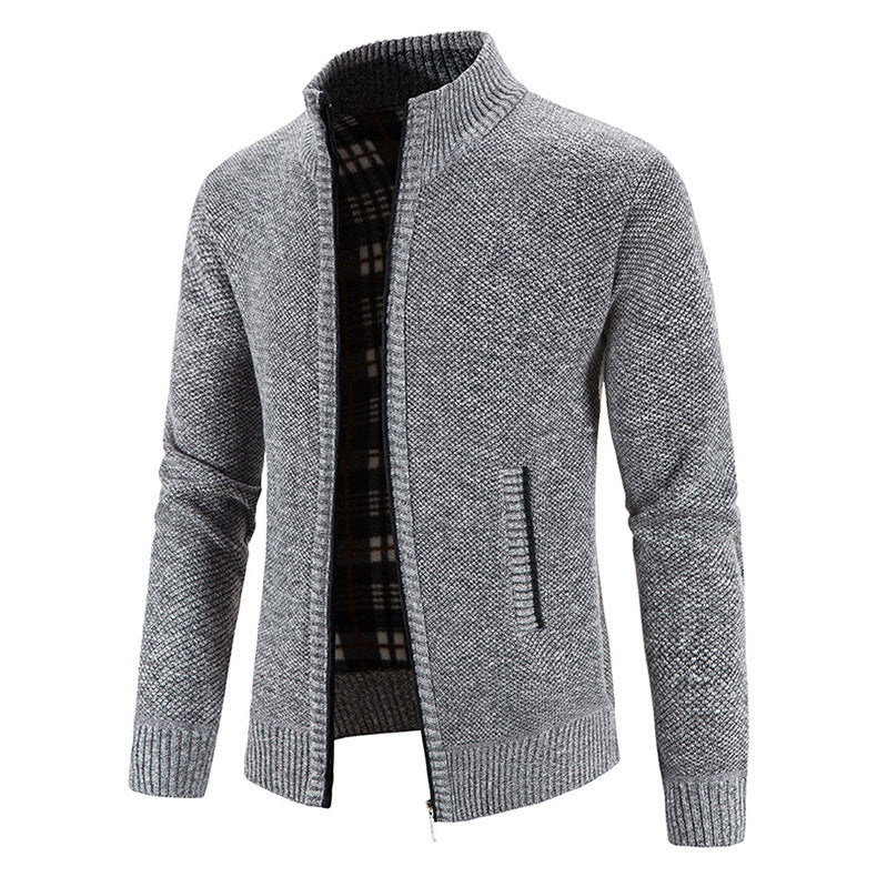 Herren Strickjacke mit durchgehendem Reißverschluss, Stehkragen und kariertem Futter Shop Nory