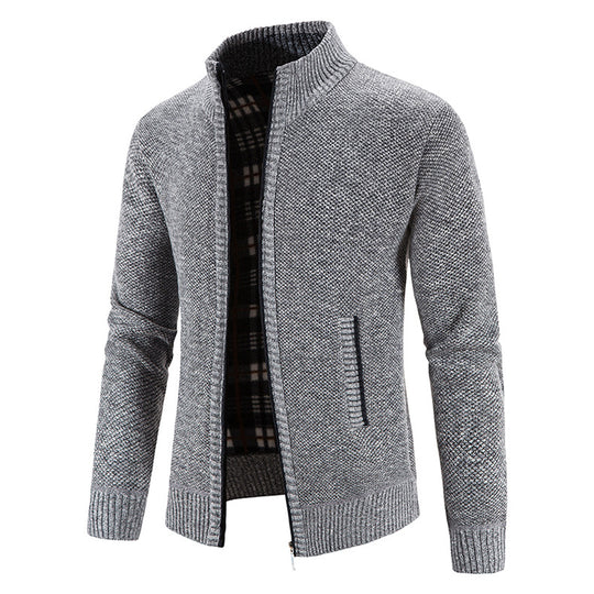 Herren Strickjacke mit durchgehendem Reißverschluss, Stehkragen und kariertem Futter Shop Nory